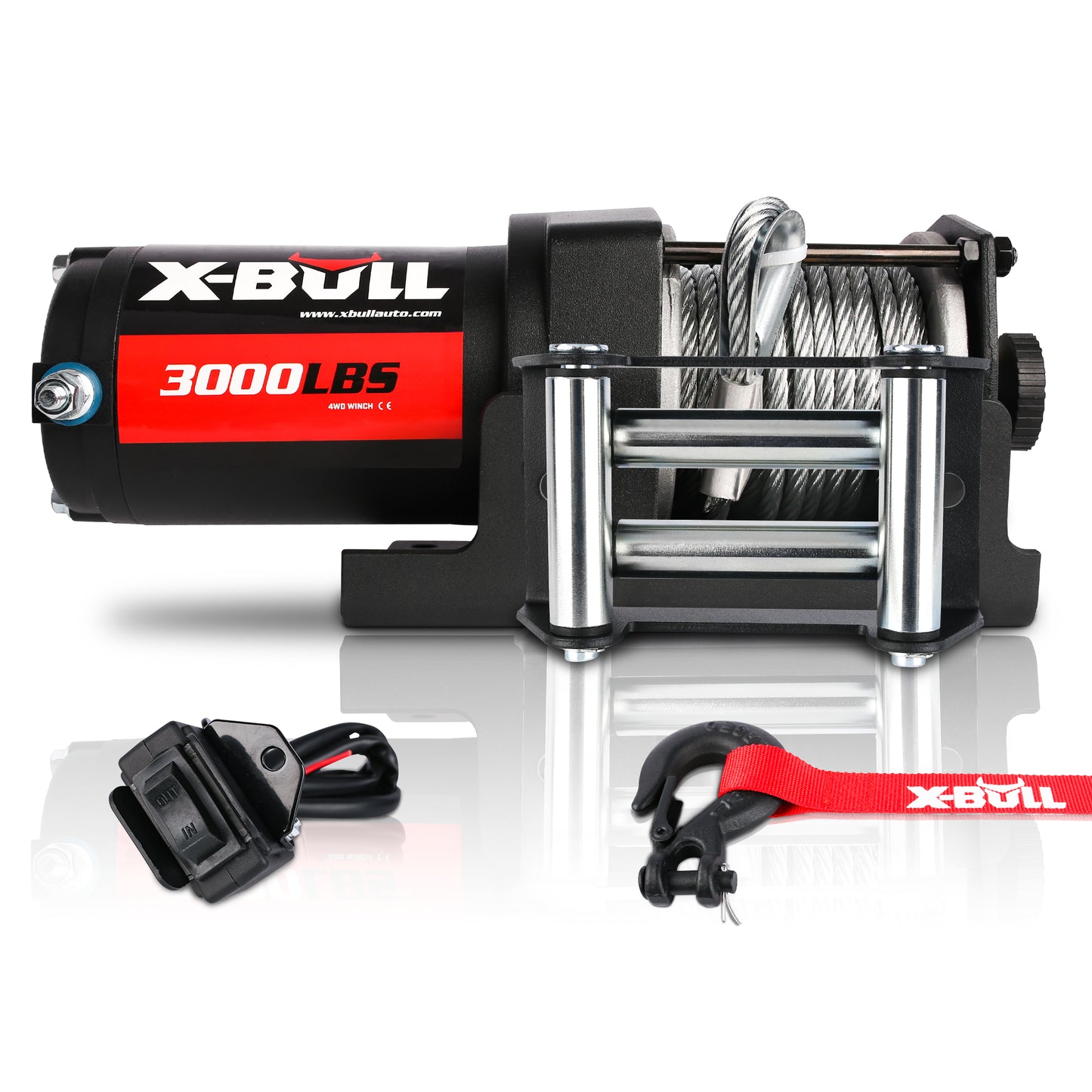 A variety of X-BULL Electric Winch 12V 3000LBS Steel Cable Wireless remote ATV UTV Boat Trailer displayed in an organized layout. Various models range in pulling capacity from 3,000 lbs to 14,500 lbs, featuring high-efficiency winch systems and ergonomic clutches. Available in black and orange color schemes, the image includes badges for "AU Stock," "Official Store," "Top Seller," and a "1 Year Warranty".