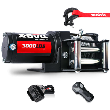 Image of the X-BULL Electric Winch 3000lbs/1360kg Wireless 12V Steel Cable ATV 4WD BOAT 4X4 featuring a black and red color scheme. The winch has a steel cable wound around a drum, accompanied by a hook with a red strap. Below are an ergonomic wired controller and a wireless remote control for easy operation.