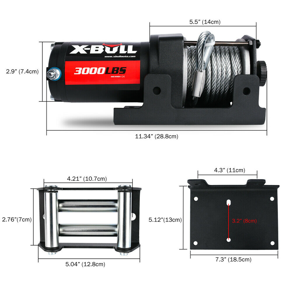 Image of the X-BULL Electric Winch 3000lbs/1360kg Wireless 12V Steel Cable ATV 4WD BOAT 4X4 featuring a black and red color scheme. The winch has a steel cable wound around a drum, accompanied by a hook with a red strap. Below are an ergonomic wired controller and a wireless remote control for easy operation.