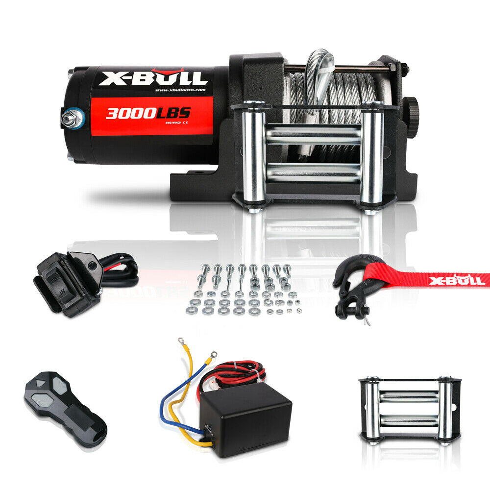 Image of the X-BULL Electric Winch 3000lbs/1360kg Wireless 12V Steel Cable ATV 4WD BOAT 4X4 featuring a black and red color scheme. The winch has a steel cable wound around a drum, accompanied by a hook with a red strap. Below are an ergonomic wired controller and a wireless remote control for easy operation.