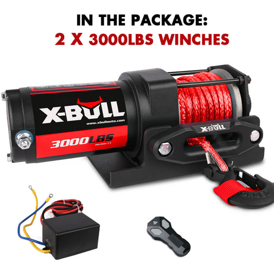 An X-BULL 12V Electric Winch Boat 3000LBS Synthetic Rope Wireless Remote ATV 4WD 2 Units with high-efficiency is shown along with accessories. Text at the top reads "IN THE PACKAGE: 2 X-BULL 12V ELECTRIC WINCH BOAT 3000LBS SYNTHETIC ROPE WIRELESS REMOTE ATV 4WD UNITS." The image includes wiring, a black control box, and a remote control. The winch has a red cable and is labeled "3000LBS.