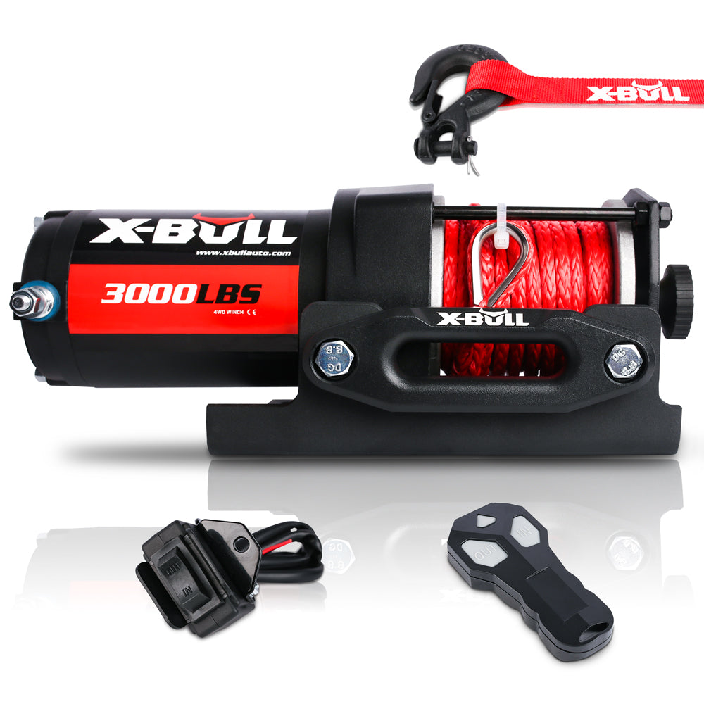 Image of an X-BULL Electric Winch 12V Wireless 3000lbs/1360kg Synthetic Rope BOAT ATV 4WD. The high-efficiency winch is black with red detailing, featuring a spool of red rope, control box, and hook with a red strap labeled "X-BULL." The winch also includes a durable relay, remote control, and electrical connector for operation.