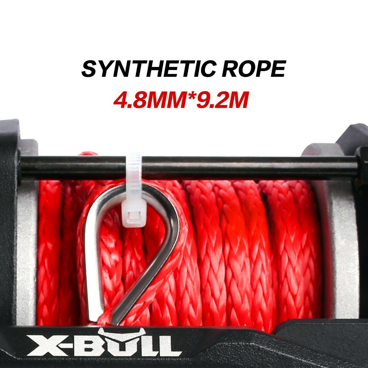 Image of an X-BULL Electric Winch 12V Wireless 3000lbs/1360kg Synthetic Rope BOAT ATV 4WD. The high-efficiency winch is black with red detailing, featuring a spool of red rope, control box, and hook with a red strap labeled "X-BULL." The winch also includes a durable relay, remote control, and electrical connector for operation.