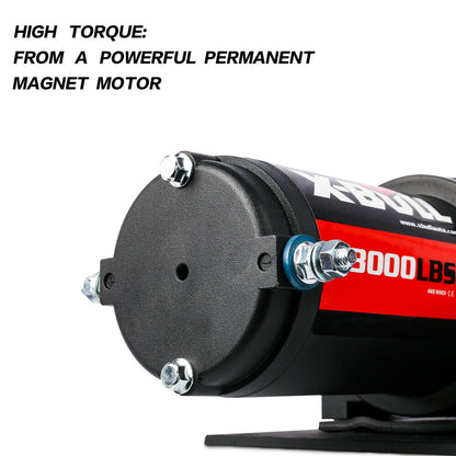 Image of an X-BULL Electric Winch 12V Wireless 3000lbs/1360kg Synthetic Rope BOAT ATV 4WD. The high-efficiency winch is black with red detailing, featuring a spool of red rope, control box, and hook with a red strap labeled "X-BULL." The winch also includes a durable relay, remote control, and electrical connector for operation.