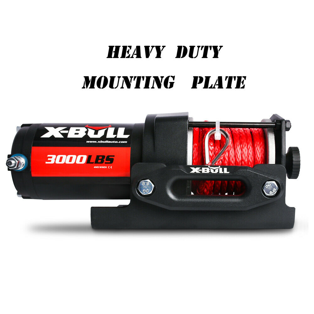 Image of an X-BULL Electric Winch 12V Wireless 3000lbs/1360kg Synthetic Rope BOAT ATV 4WD. The high-efficiency winch is black with red detailing, featuring a spool of red rope, control box, and hook with a red strap labeled "X-BULL." The winch also includes a durable relay, remote control, and electrical connector for operation.