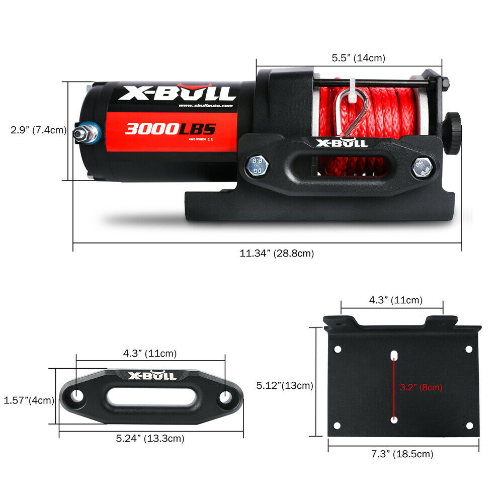 Image of an X-BULL Electric Winch 12V Wireless 3000lbs/1360kg Synthetic Rope BOAT ATV 4WD. The high-efficiency winch is black with red detailing, featuring a spool of red rope, control box, and hook with a red strap labeled "X-BULL." The winch also includes a durable relay, remote control, and electrical connector for operation.