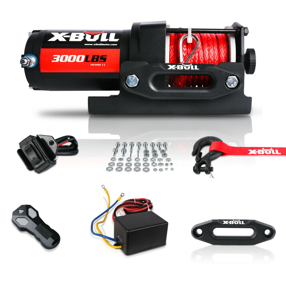 Image of an X-BULL Electric Winch 12V Wireless 3000lbs/1360kg Synthetic Rope BOAT ATV 4WD. The high-efficiency winch is black with red detailing, featuring a spool of red rope, control box, and hook with a red strap labeled "X-BULL." The winch also includes a durable relay, remote control, and electrical connector for operation.