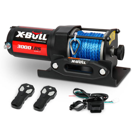 Image of an X-BULL 12V Electric Winch 3000LB ATV Winch Boat Trailer Winch Synthetic Rope with a blue synthetic rope. The winch is black with X-BULL branding in red and white. It comes with two black wireless remotes, wiring, and mounting accessories. The setup is displayed on a white background.