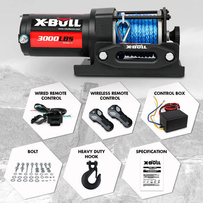 Image of an X-BULL 12V Electric Winch 3000LB ATV Winch Boat Trailer Winch Synthetic Rope with a blue synthetic rope. The winch is black with X-BULL branding in red and white. It comes with two black wireless remotes, wiring, and mounting accessories. The setup is displayed on a white background.