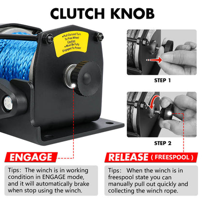 Image of an X-BULL 12V Electric Winch 3000LB ATV Winch Boat Trailer Winch Synthetic Rope with a blue synthetic rope. The winch is black with X-BULL branding in red and white. It comes with two black wireless remotes, wiring, and mounting accessories. The setup is displayed on a white background.