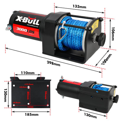 Image of an X-BULL 12V Electric Winch 3000LB ATV Winch Boat Trailer Winch Synthetic Rope with a blue synthetic rope. The winch is black with X-BULL branding in red and white. It comes with two black wireless remotes, wiring, and mounting accessories. The setup is displayed on a white background.