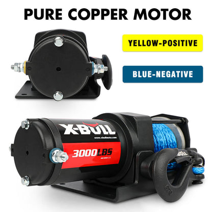 Image of an X-BULL 12V Electric Winch 3000LB ATV Winch Boat Trailer Winch Synthetic Rope with a blue synthetic rope. The winch is black with X-BULL branding in red and white. It comes with two black wireless remotes, wiring, and mounting accessories. The setup is displayed on a white background.