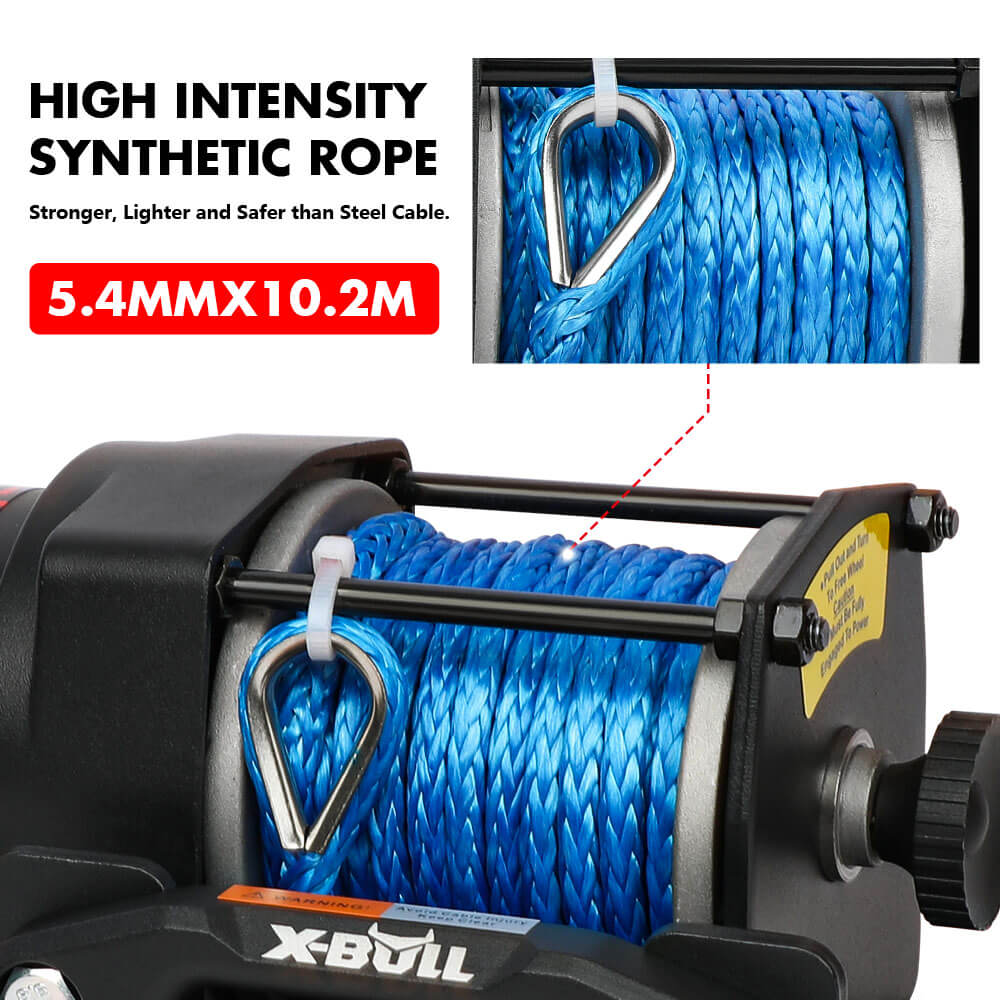 Image of an X-BULL 12V Electric Winch 3000LB ATV Winch Boat Trailer Winch Synthetic Rope with a blue synthetic rope. The winch is black with X-BULL branding in red and white. It comes with two black wireless remotes, wiring, and mounting accessories. The setup is displayed on a white background.