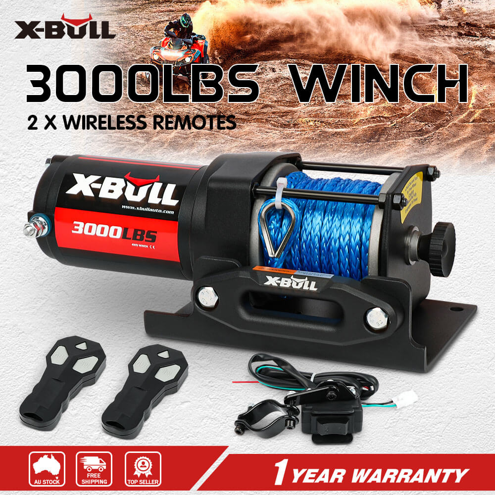 This image shows a collection of X-BULL Electric Winch 12V 3000LBS Synthetic Rope ATV UTV Boat Trailer With 2 X Wireless remote with different capacities, ranging from 3,000 lbs to 14,500 lbs. Some models feature synthetic fibre rope and wireless remotes. The winches are displayed against a white background. Icons at the bottom indicate an official store, top seller status, and a 1-year warranty.