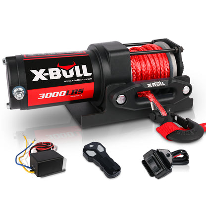 Image of multiple X-BULL Electric Winch 12V 3000LBS Synthetic Rope Wireless remote ATV UTV Boat Trailer brand winches arranged in a grid format, showcasing different models with varying pulling capacities (X-BULL Electric Winch 12V 3000LBS Synthetic Rope Wireless remote ATV UTV Boat Trailer, 4500 lbs, 5000 lbs, and 14.5 K). The high-efficiency winches feature ergonomic clutches. The background includes a logo and warranty information (1-year warranty).