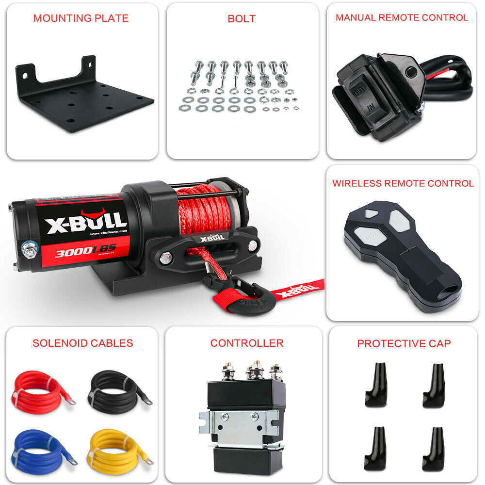 Image of multiple X-BULL Electric Winch 12V 3000LBS Synthetic Rope Wireless remote ATV UTV Boat Trailer brand winches arranged in a grid format, showcasing different models with varying pulling capacities (X-BULL Electric Winch 12V 3000LBS Synthetic Rope Wireless remote ATV UTV Boat Trailer, 4500 lbs, 5000 lbs, and 14.5 K). The high-efficiency winches feature ergonomic clutches. The background includes a logo and warranty information (1-year warranty).