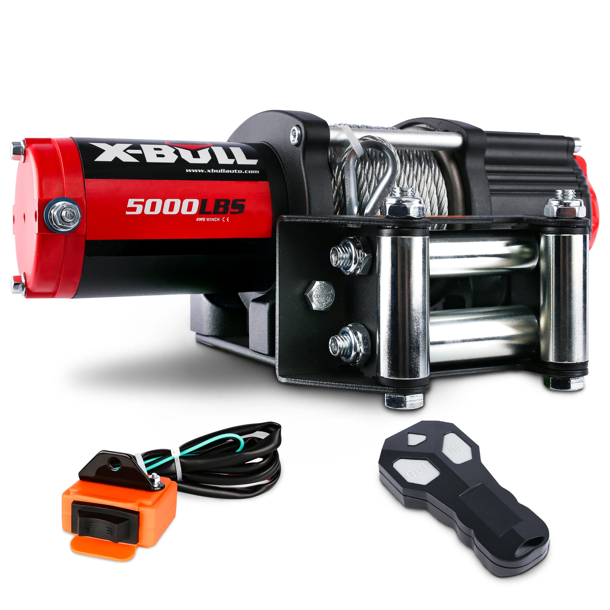 A heavy-duty X-BULL Electric Winch 12V 5000LBS Wireless 15.2M Steel Cable ATV UTV 4WD Boat with a durable, compact design features high-efficiency pure copper motors. The winch includes a metal cable wound around the drum and comes with an orange remote control cord and a black wireless remote control.