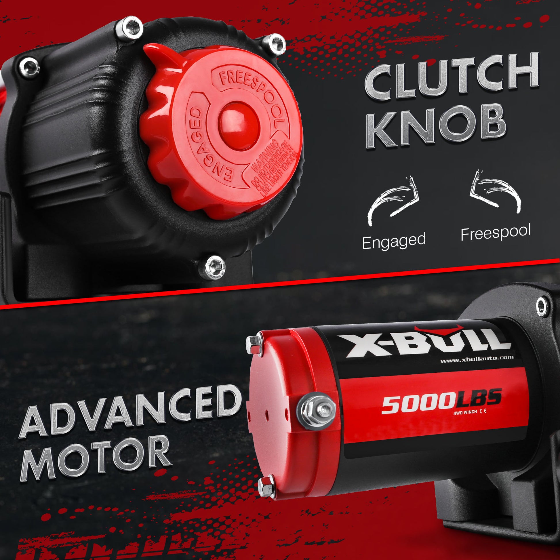 A heavy-duty X-BULL Electric Winch 12V 5000LBS Wireless 15.2M Steel Cable ATV UTV 4WD Boat with a durable, compact design features high-efficiency pure copper motors. The winch includes a metal cable wound around the drum and comes with an orange remote control cord and a black wireless remote control.