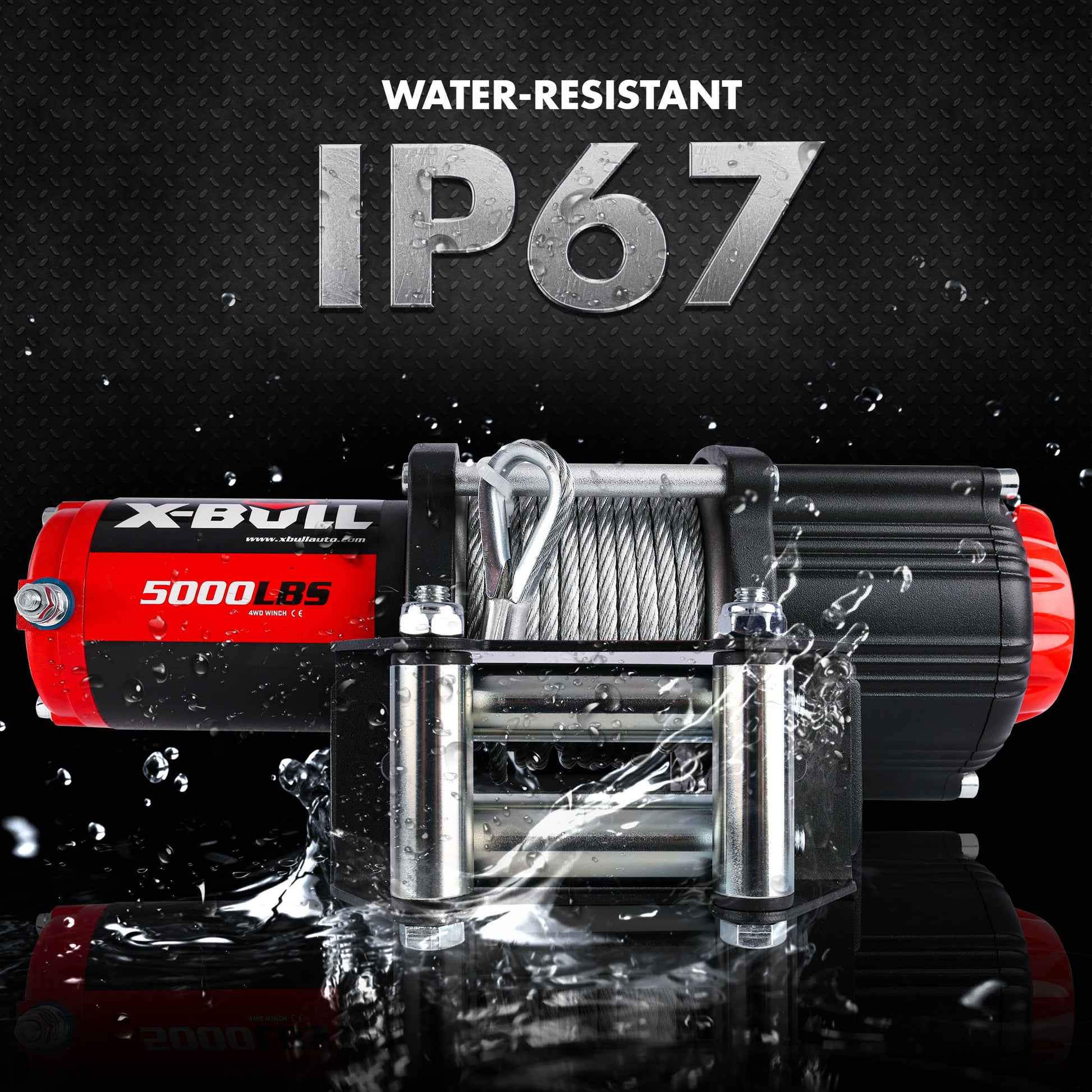 A heavy-duty X-BULL Electric Winch 12V 5000LBS Wireless 15.2M Steel Cable ATV UTV 4WD Boat with a durable, compact design features high-efficiency pure copper motors. The winch includes a metal cable wound around the drum and comes with an orange remote control cord and a black wireless remote control.