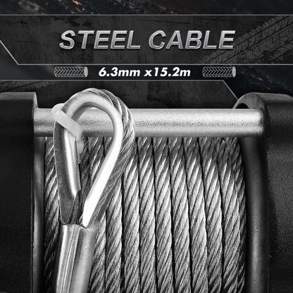 A heavy-duty X-BULL Electric Winch 12V 5000LBS Wireless 15.2M Steel Cable ATV UTV 4WD Boat with a durable, compact design features high-efficiency pure copper motors. The winch includes a metal cable wound around the drum and comes with an orange remote control cord and a black wireless remote control.