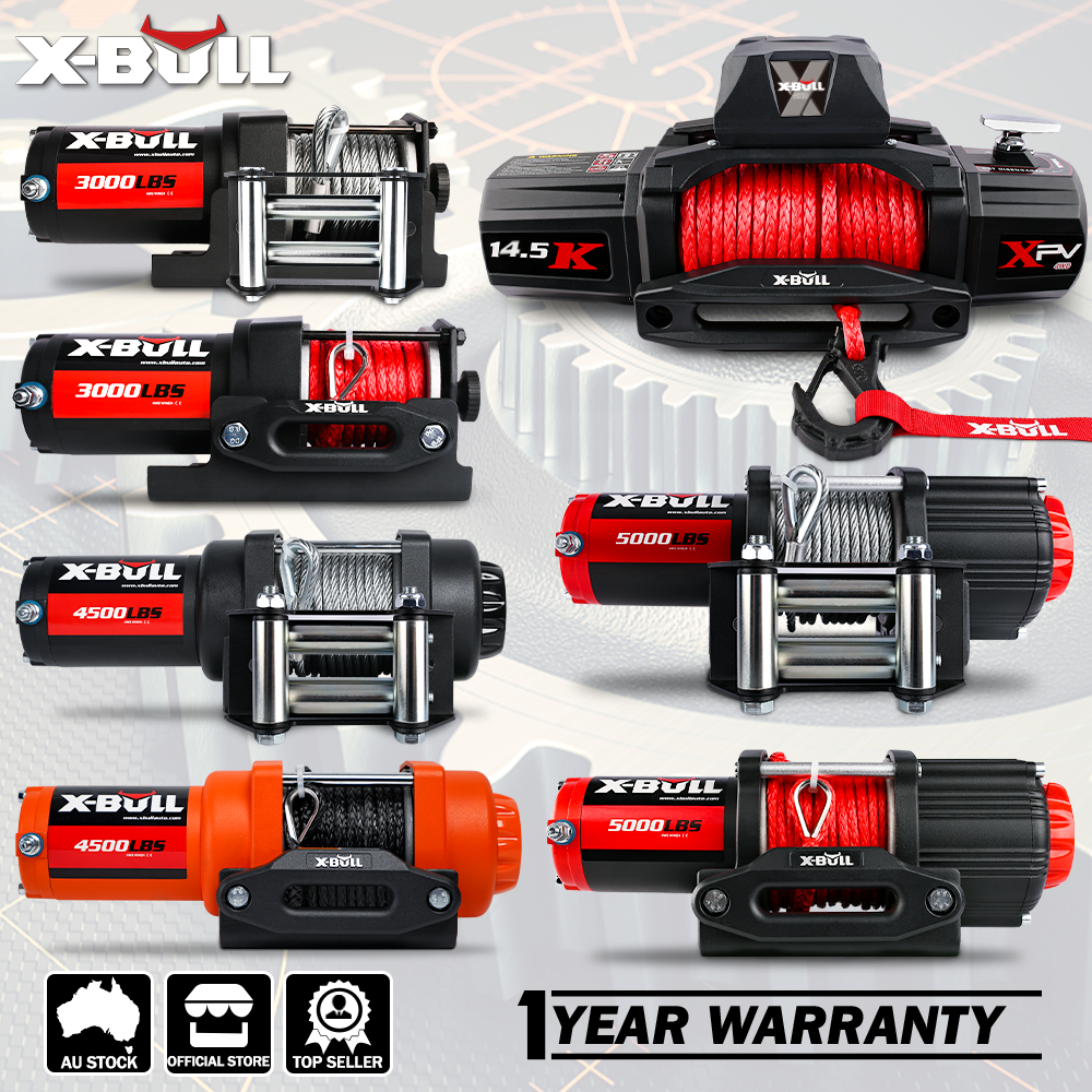 The image displays an assortment of X-Bull winches with varying capacities, ranging from 3000 lbs to 14500 lbs. Featuring high-efficiency winches with pure copper motors, including the X-BULL Electric Winch 12V 5000LBS Steel Cable Wireless Remote ATV UTV Boat Trailer model, they are designed for various towing and lifting tasks. The bottom highlights a 1-year warranty, AU stock, and the official store.