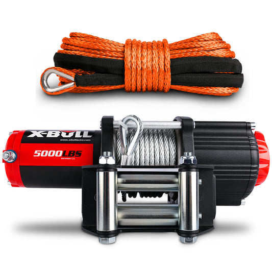 An X-BULL 12V Electric Winch 5000LBS Wireless Steel Cable ATV Boat With 13M Synthetic Rope is shown. It features a black and red motor casing, a sturdy steel rope, and includes an orange synthetic rope with a thimble for secure attachment, arranged above the winch. The system incorporates a reliable winch solenoid relay for precise control.