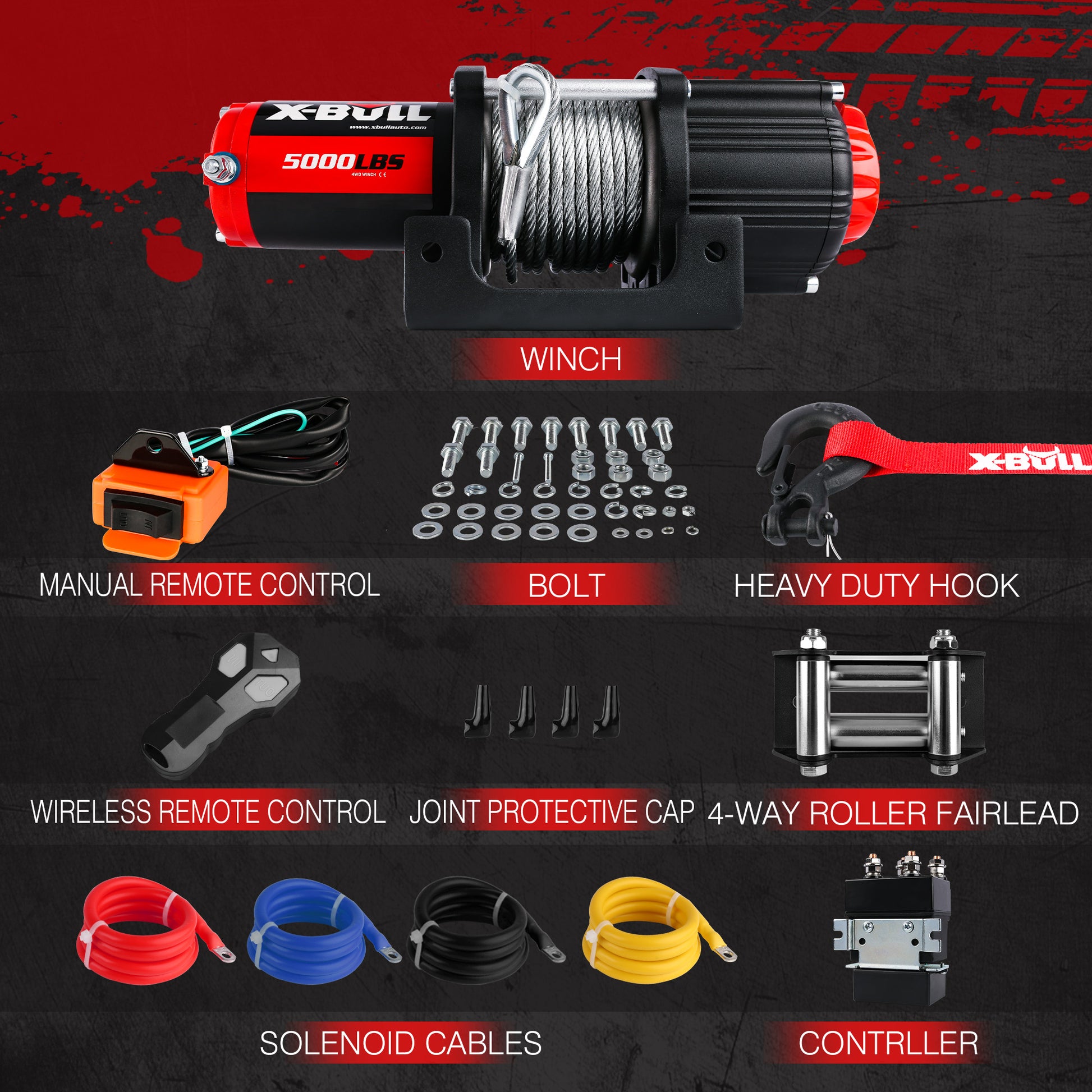 An X-BULL 12V Electric Winch 5000LBS Wireless Steel Cable ATV Boat With 13M Synthetic Rope is shown. It features a black and red motor casing, a sturdy steel rope, and includes an orange synthetic rope with a thimble for secure attachment, arranged above the winch. The system incorporates a reliable winch solenoid relay for precise control.