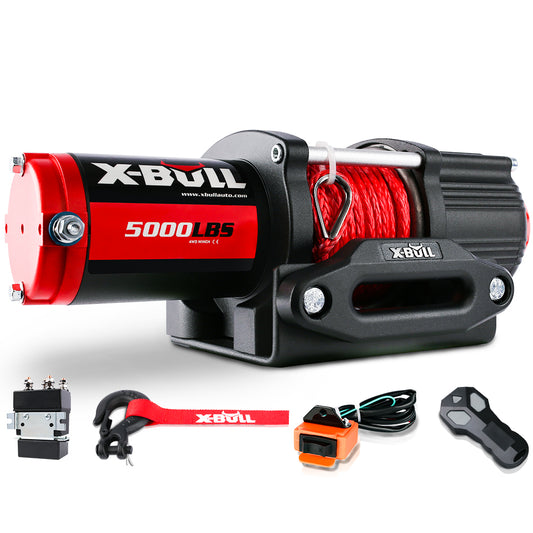 A high-efficiency, heavy-duty black and red offroad winch with "X-BULL Electric Winch 5000LBS 12V 15.2M Synthetic Rope Wireless ATV UTV 4WD Boat" branding and "5000 LBS" label. The set includes a remote, control box, winch strap, and mounting accessories. Featuring a synthetic red rope wound on it, this winch boasts a pure copper motor for top-notch performance.