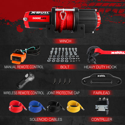 A high-efficiency, heavy-duty black and red offroad winch with "X-BULL Electric Winch 5000LBS 12V 15.2M Synthetic Rope Wireless ATV UTV 4WD Boat" branding and "5000 LBS" label. The set includes a remote, control box, winch strap, and mounting accessories. Featuring a synthetic red rope wound on it, this winch boasts a pure copper motor for top-notch performance.