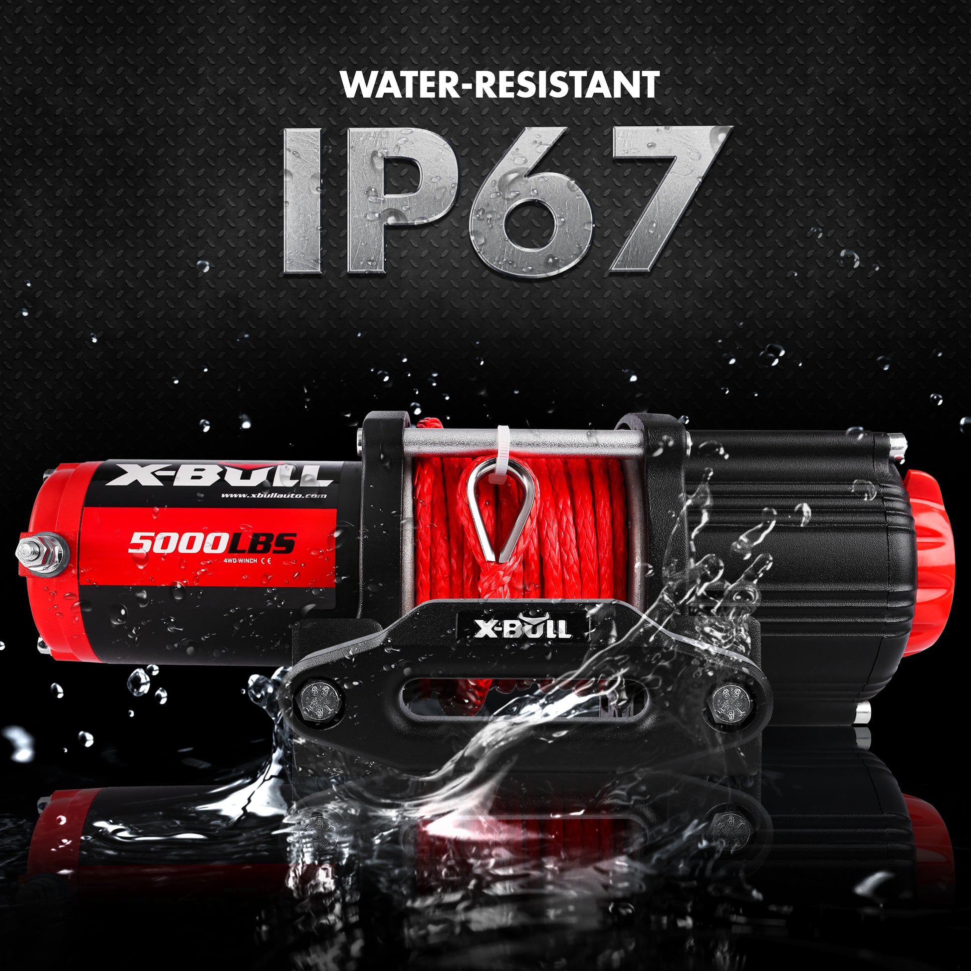 A high-efficiency, heavy-duty black and red offroad winch with "X-BULL Electric Winch 5000LBS 12V 15.2M Synthetic Rope Wireless ATV UTV 4WD Boat" branding and "5000 LBS" label. The set includes a remote, control box, winch strap, and mounting accessories. Featuring a synthetic red rope wound on it, this winch boasts a pure copper motor for top-notch performance.