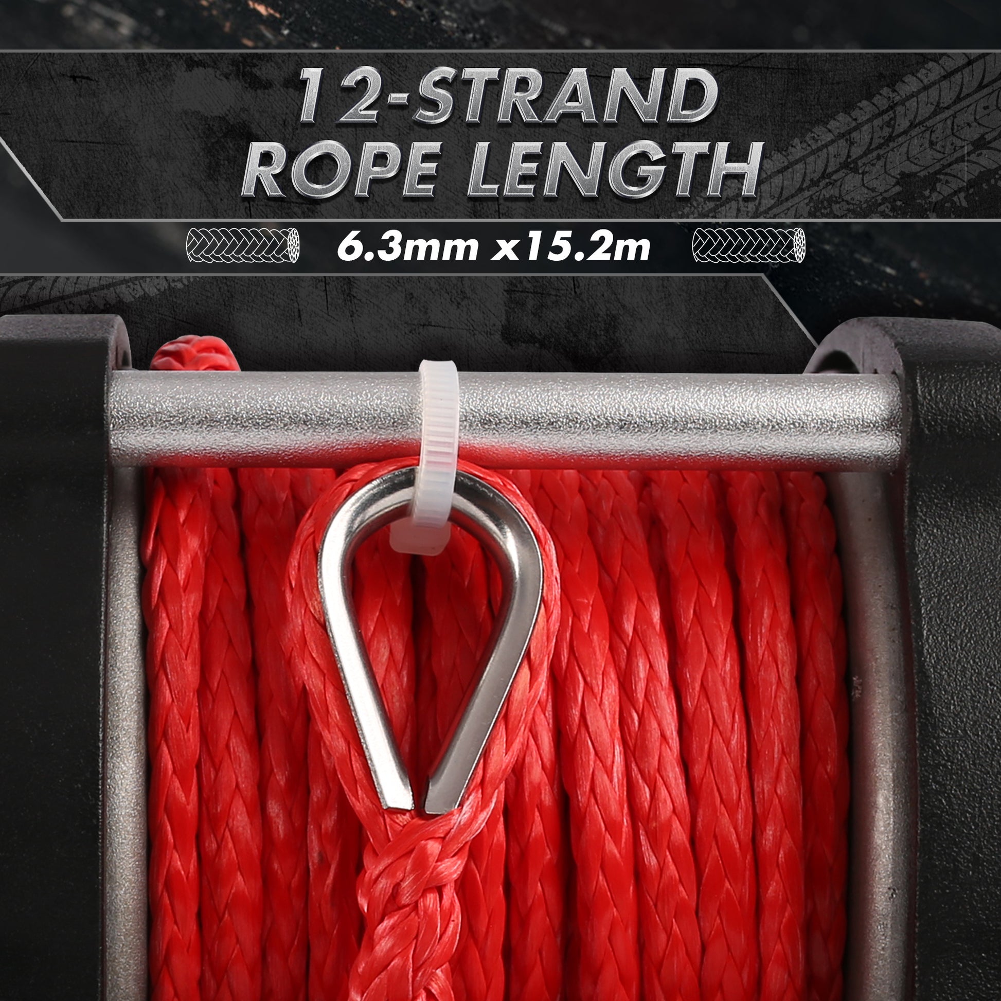 A high-efficiency, heavy-duty black and red offroad winch with "X-BULL Electric Winch 5000LBS 12V 15.2M Synthetic Rope Wireless ATV UTV 4WD Boat" branding and "5000 LBS" label. The set includes a remote, control box, winch strap, and mounting accessories. Featuring a synthetic red rope wound on it, this winch boasts a pure copper motor for top-notch performance.