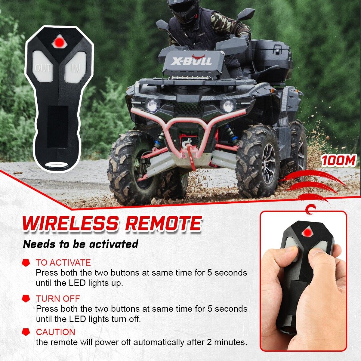 A high-efficiency, heavy-duty black and red offroad winch with "X-BULL Electric Winch 5000LBS 12V 15.2M Synthetic Rope Wireless ATV UTV 4WD Boat" branding and "5000 LBS" label. The set includes a remote, control box, winch strap, and mounting accessories. Featuring a synthetic red rope wound on it, this winch boasts a pure copper motor for top-notch performance.