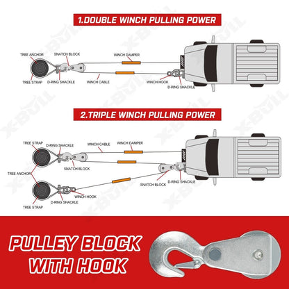 Image of an X-BULL Electric Winch 6000LBS 12V BOAT Synthetic Rope Wireless Remote 4WD ATV UTV with a red synthetic rope. The winch showcases a black and red color scheme. Included in the image are various accessories such as a remote control, a hook, mounting hardware, and an X-BULL branded strap. This easy-to-install system also features a movable pulley hook.