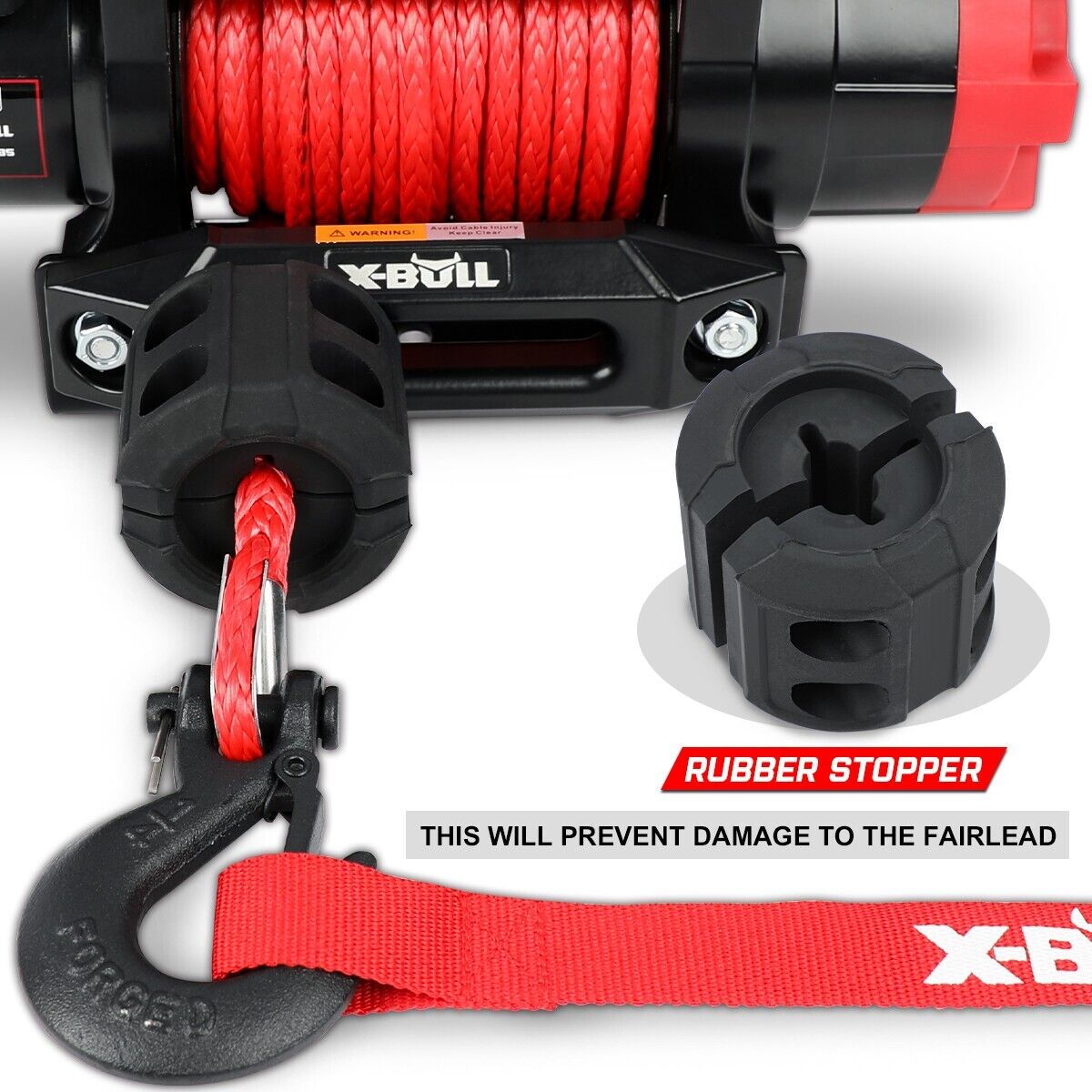 Image of an X-BULL Electric Winch 6000LBS 12V BOAT Synthetic Rope Wireless Remote 4WD ATV UTV with a red synthetic rope. The winch showcases a black and red color scheme. Included in the image are various accessories such as a remote control, a hook, mounting hardware, and an X-BULL branded strap. This easy-to-install system also features a movable pulley hook.