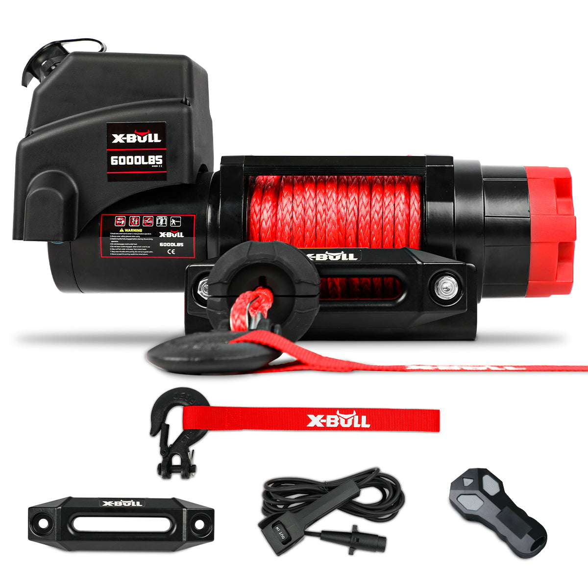 Image of an X-BULL Electric Winch 6000LBS 12V BOAT Synthetic Rope Wireless Remote 4WD ATV UTV with a red synthetic rope. The winch showcases a black and red color scheme. Included in the image are various accessories such as a remote control, a hook, mounting hardware, and an X-BULL branded strap. This easy-to-install system also features a movable pulley hook.