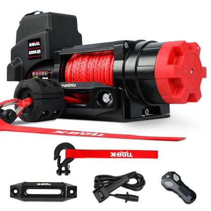 Image displaying a variety of X-BULL Electric Winch 12V 6000LBS Synthetic Rope Wireless remote ATV UTV Boat Trailer 4WD winches with different pulling capacities (3000 lbs, 4500 lbs, 5000 lbs, 6000 lbs., 14.5K etc.). The image features the X-BULL logo, icons for AU Stock, Official Store, and Top Seller. Each winch is easy to install and comes with a "1 Year Warranty".