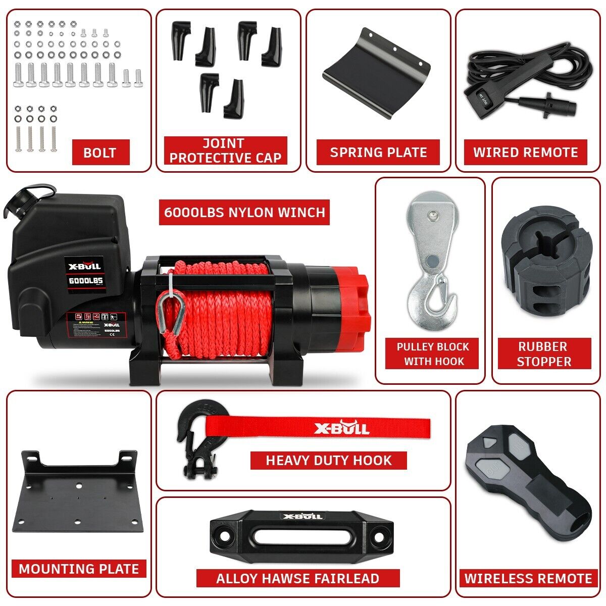 Image displaying a variety of X-BULL Electric Winch 12V 6000LBS Synthetic Rope Wireless remote ATV UTV Boat Trailer 4WD winches with different pulling capacities (3000 lbs, 4500 lbs, 5000 lbs, 6000 lbs., 14.5K etc.). The image features the X-BULL logo, icons for AU Stock, Official Store, and Top Seller. Each winch is easy to install and comes with a "1 Year Warranty".