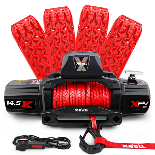 The image displays an X-BULL 14500LBS Electric Winch 12V synthetic rope with 4PCS Recovery Tracks Gen3.0 Red, featuring a red synthetic rope and a hook, alongside four red traction boards for vehicle recovery. Also featured is a wireless remote control for seamless operation of the winch.