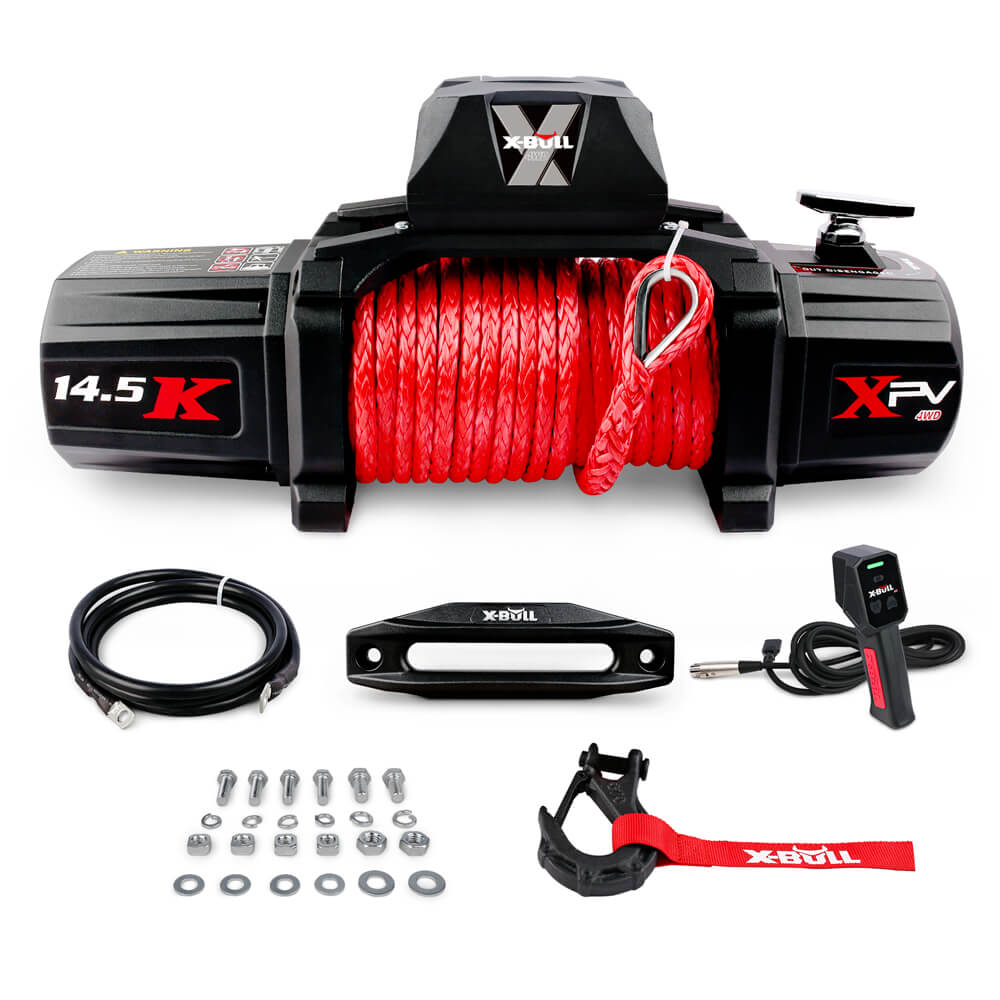 The image displays an X-BULL 14500LBS Electric Winch 12V synthetic rope with 4PCS Recovery Tracks Gen3.0 Red, featuring a red synthetic rope and a hook, alongside four red traction boards for vehicle recovery. Also featured is a wireless remote control for seamless operation of the winch.