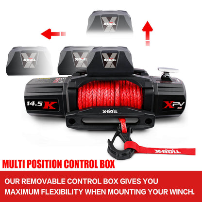 The image displays an X-BULL 14500LBS Electric Winch 12V synthetic rope with 4PCS Recovery Tracks Gen3.0 Red, featuring a red synthetic rope and a hook, alongside four red traction boards for vehicle recovery. Also featured is a wireless remote control for seamless operation of the winch.