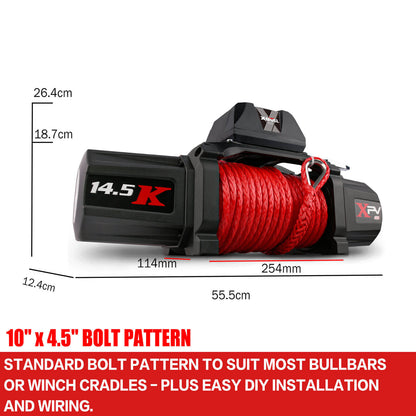 The image displays an X-BULL 14500LBS Electric Winch 12V synthetic rope with 4PCS Recovery Tracks Gen3.0 Red, featuring a red synthetic rope and a hook, alongside four red traction boards for vehicle recovery. Also featured is a wireless remote control for seamless operation of the winch.