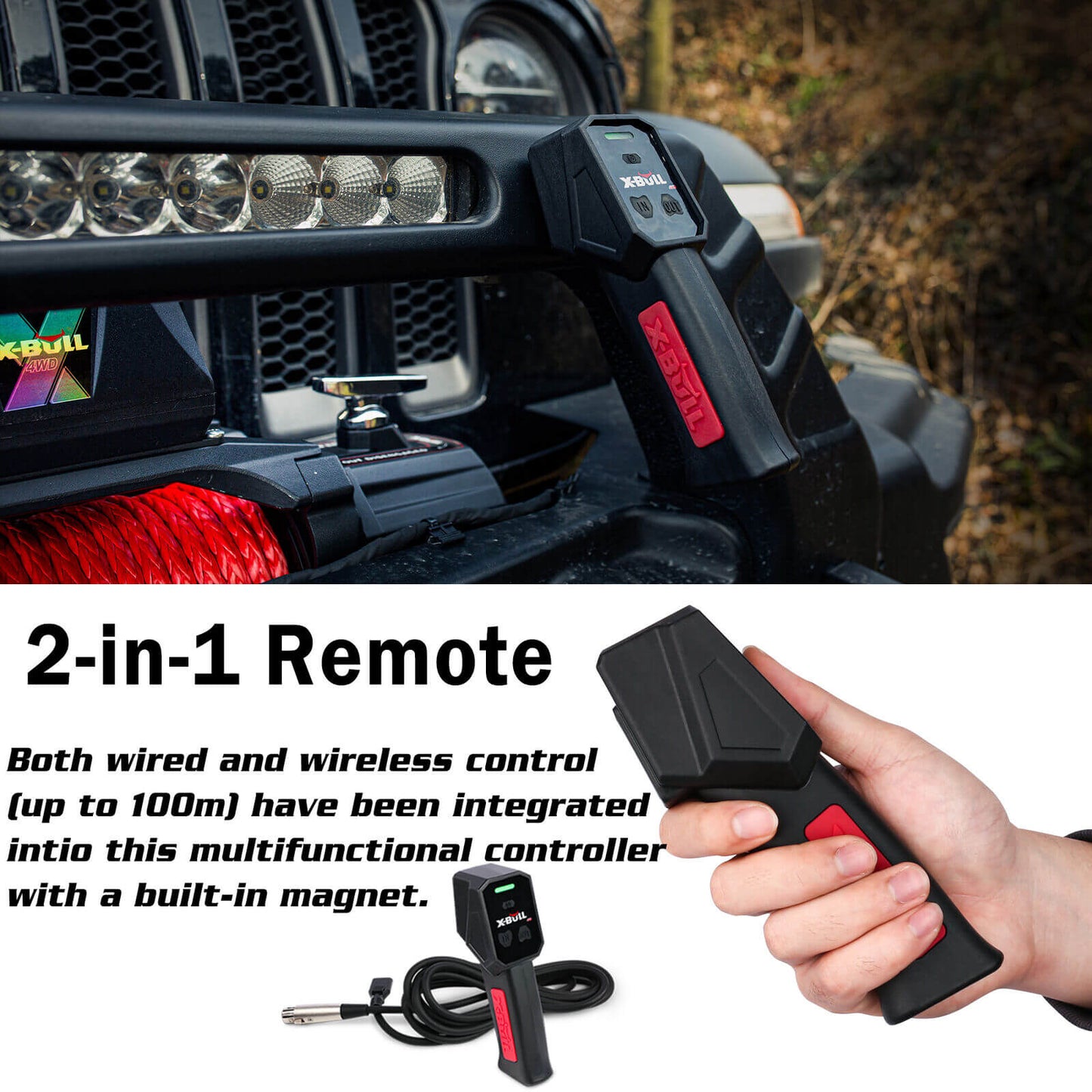 The image displays an X-BULL 14500LBS Electric Winch 12V synthetic rope with 4PCS Recovery Tracks Gen3.0 Red, featuring a red synthetic rope and a hook, alongside four red traction boards for vehicle recovery. Also featured is a wireless remote control for seamless operation of the winch.