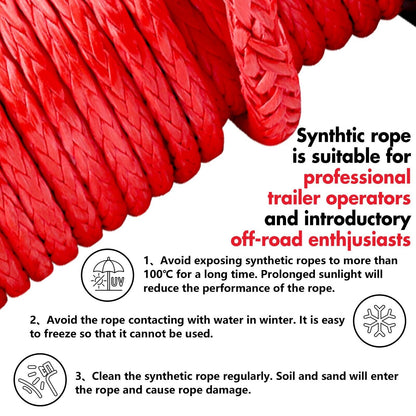 The image displays an X-BULL 14500LBS Electric Winch 12V synthetic rope with 4PCS Recovery Tracks Gen3.0 Red, featuring a red synthetic rope and a hook, alongside four red traction boards for vehicle recovery. Also featured is a wireless remote control for seamless operation of the winch.