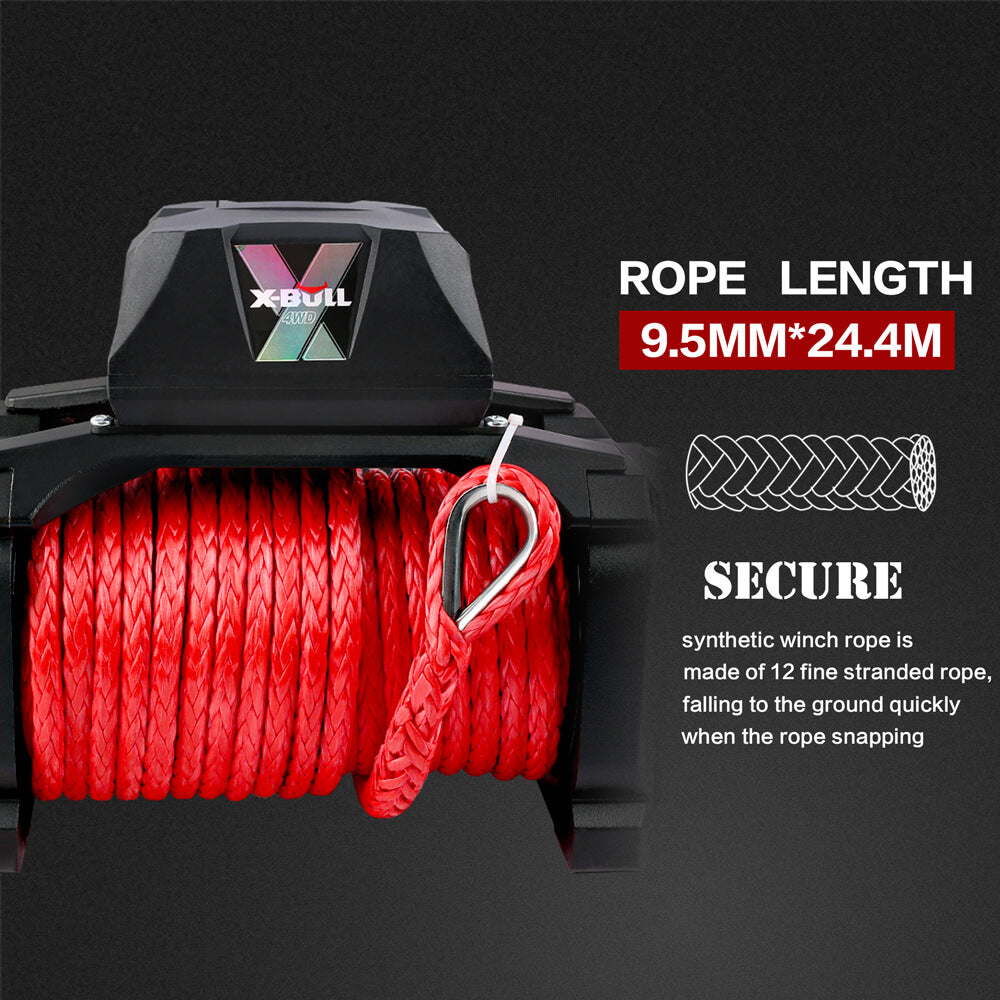 The image displays an X-BULL 14500LBS Electric Winch 12V synthetic rope with 4PCS Recovery Tracks Gen3.0 Red, featuring a red synthetic rope and a hook, alongside four red traction boards for vehicle recovery. Also featured is a wireless remote control for seamless operation of the winch.