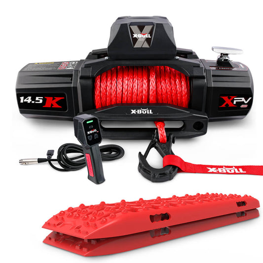 The image features an X-BULL 14500LBS Electric Winch 12V synthetic rope with Recovery Tracks Gen3.0 Red with a red synthetic rope, control handle, and additional accessories including red recovery traction tracks. This high-efficiency X-BULL winch is designed for heavy-duty vehicle recovery, evident from its robust build and wireless remote for effortless control.