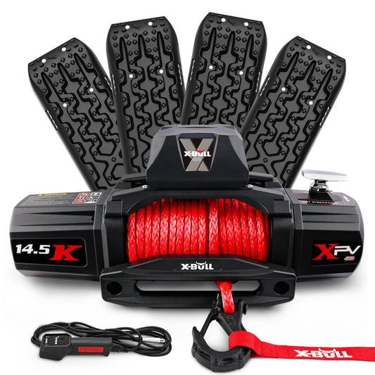 Image of an X-BULL 12V Electric Winch 14500LBS synthetic rope with 4PCS Recovery Tracks Gen3.0 Black with a red synthetic rope and black control box. Four black traction boards are placed behind the off-road winch. A wired remote control with a red "X-Bull" label is laid out in front, alongside a visible red winch hook.