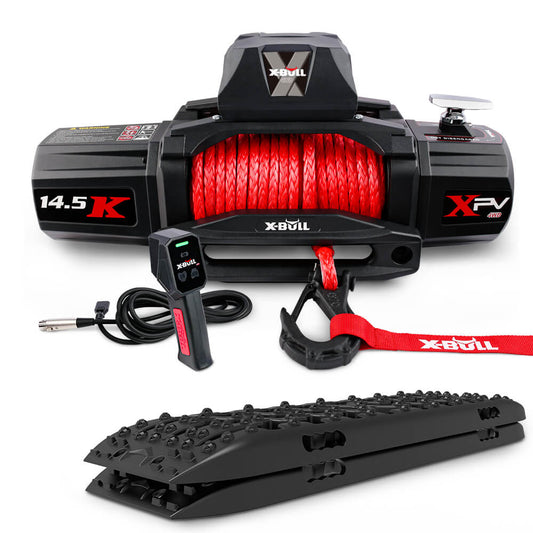 Image shows an X-BULL 14500LBS Electric Winch 12V synthetic rope with Recovery Tracks Gen3.0 Black. The high-efficiency winch features a black casing, a wireless remote, and a hook attached to the red strap. Below the winch, there are two black recovery traction tracks with a rugged surface.