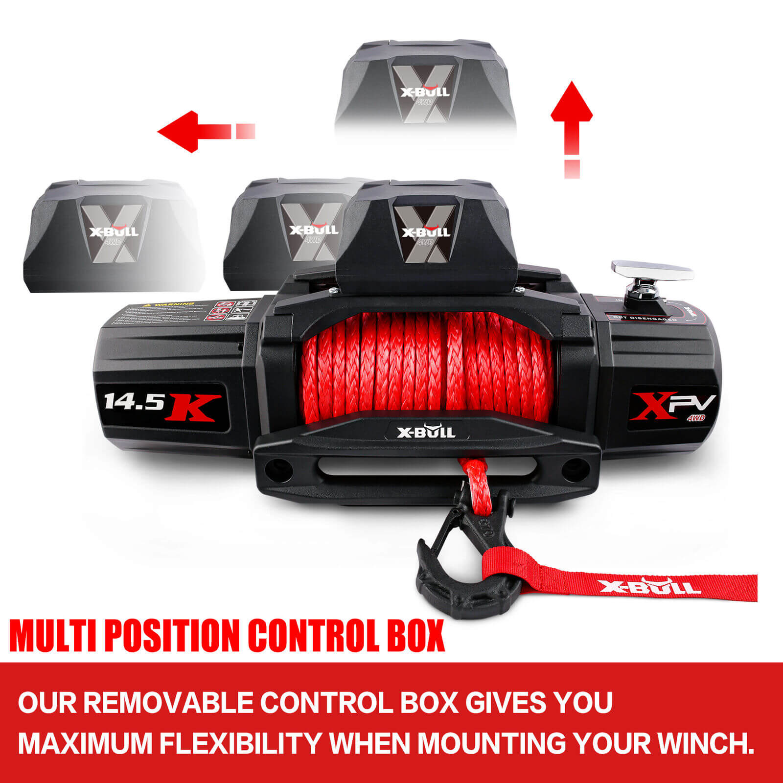 Image shows an X-BULL 14500LBS Electric Winch 12V synthetic rope with Recovery Tracks Gen3.0 Black. The high-efficiency winch features a black casing, a wireless remote, and a hook attached to the red strap. Below the winch, there are two black recovery traction tracks with a rugged surface.