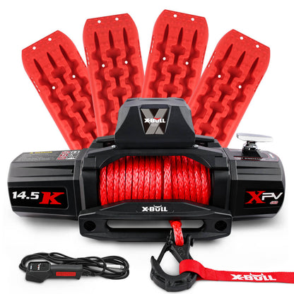 An X-BULL 4WD Electric Winch 14500LBS 12V synthetic rope with 2 Pairs Recovery Tracks Gen2.0 Red is prominently displayed against a white background. Behind the winch, four red traction boards are arranged in a fan shape. A wireless remote control is placed near the base of the winch.