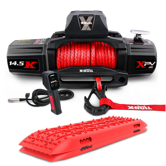 Image of an X-BULL 12V Electric Winch 14500LBS synthetic rope with Recovery Tracks Gen2.0 Red, wireless remote controller, and a red traction board with cleats. The high-efficiency winch features branding and specifications on its housing. The traction board is designed for off-road recovery.